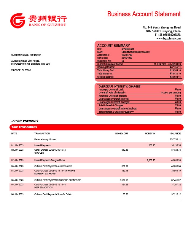 Modèle Word et PDF de relevé de compte courant d'entreprise de la Banque du Guizhou